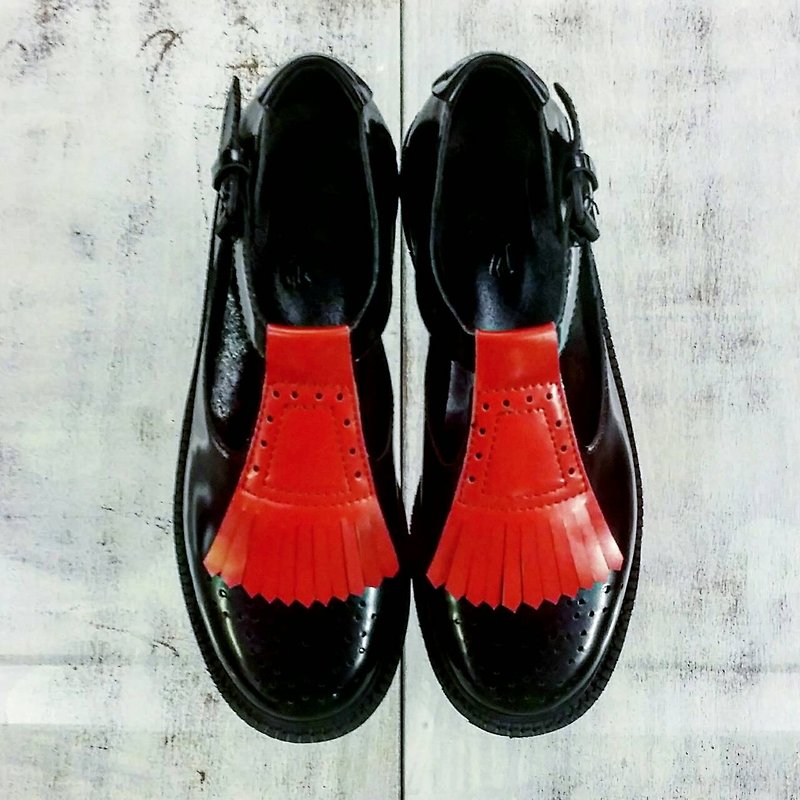 Painted # 950 Mary Jane doll doll big thick soled shoes black / red - Women's Oxford Shoes - Genuine Leather Black