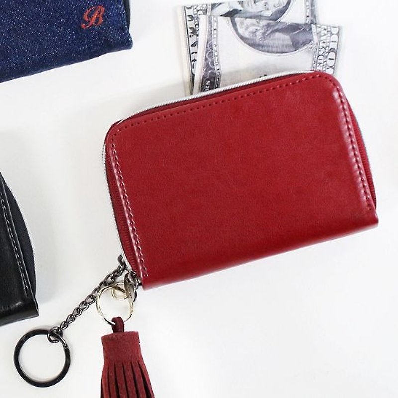Dessin x indigo-BASIC.M double counting cards red leather purse V.2-, IDG03722 - Coin Purses - Genuine Leather Red