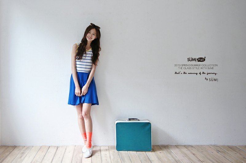 ▤SUMI PLUS + series Cotton Stripe Dresses ▤3SF050_ ultramarine / fluorescent yellow - ชุดเดรส - ผ้าฝ้าย/ผ้าลินิน สีเหลือง