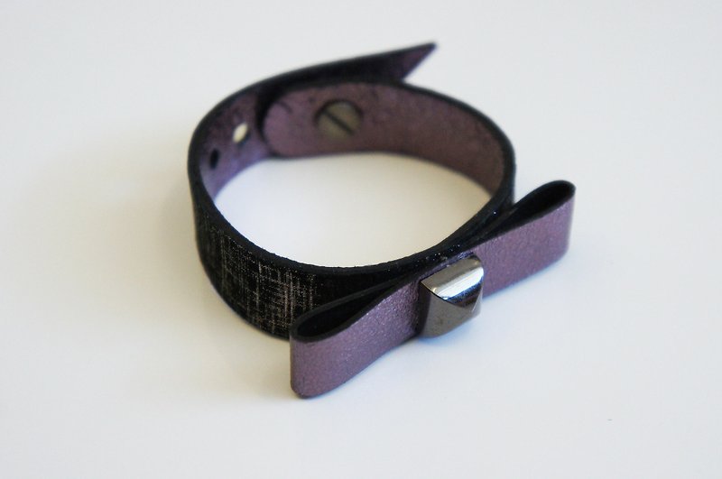 Bright Purple Cowhide Bowknot Silver Plaid Black Suede Black Square Rivet Bracelet PdB New York Handmade Leather Goods - สร้อยข้อมือ - หนังแท้ สีดำ