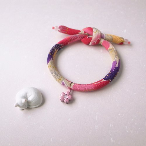 犬猫首輪製作所 日本犬貓和布頸圈 項圈(單結式)--赤紫+粉櫻花鈴鐺
