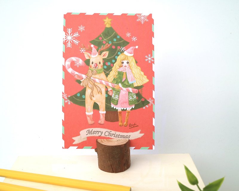 聖誕節卡 Christmas 女孩與麋鹿 / 插畫明信片 - 卡片/明信片 - 紙 紅色