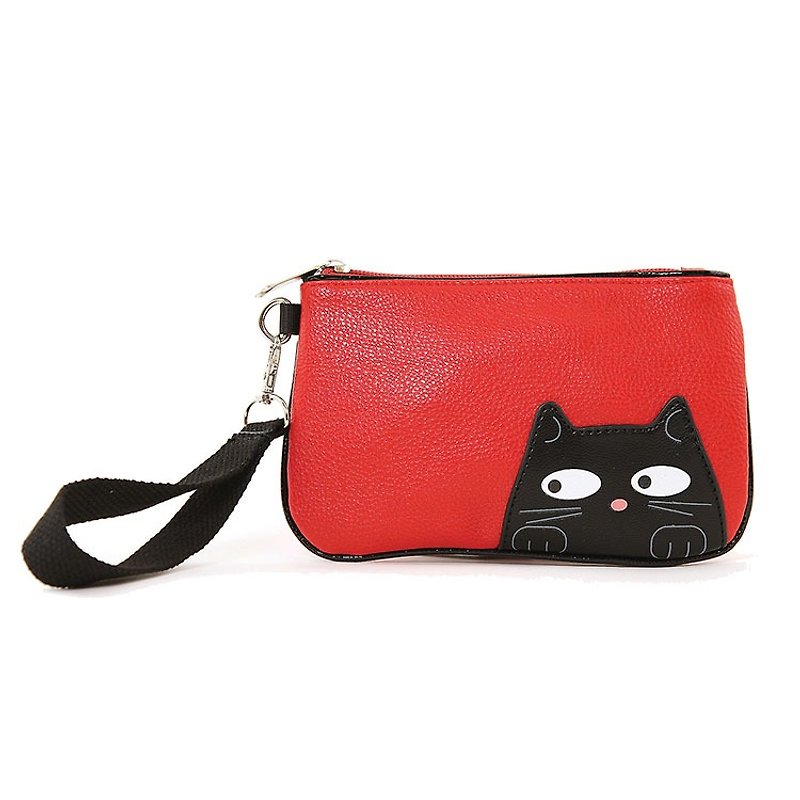 Sleepyville Critters - Peeking Black Cat Wristlet - Toiletry Bags & Pouches - Faux Leather Red