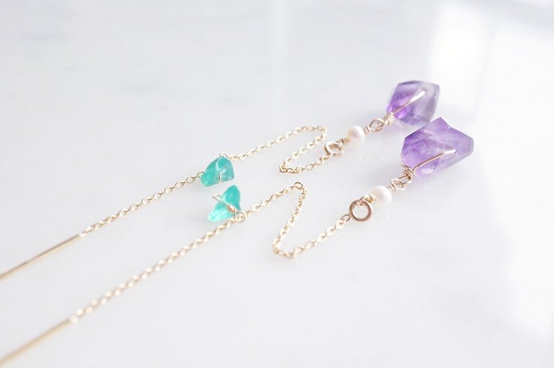 [14KGF] Ear Thread Earrings, "Gem Pearl", Amethyst, AAA Pearl, Green Jade - Earrings & Clip-ons - Gemstone Purple
