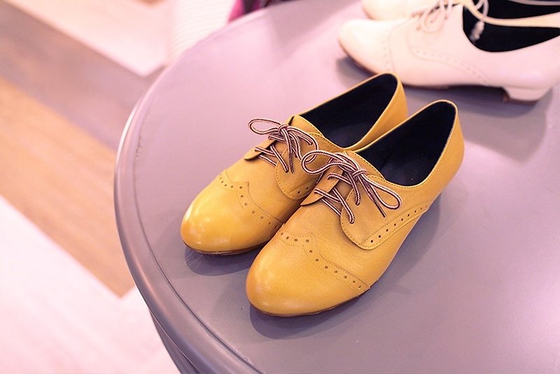 Yellow retro Oxford shoes (spot + Pre-Order) - รองเท้าอ็อกฟอร์ดผู้หญิง - หนังแท้ 
