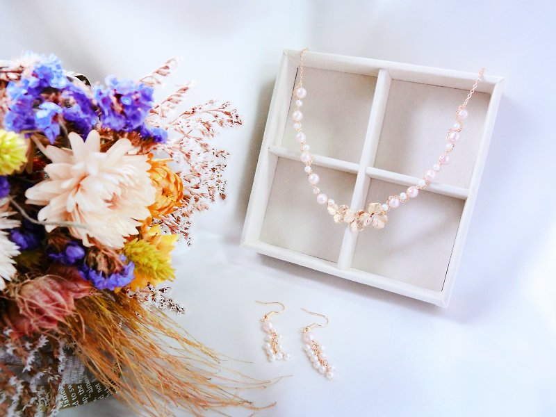 【Sakura Snow】Pearl Earrings Necklace Set - Necklaces - Gemstone Pink