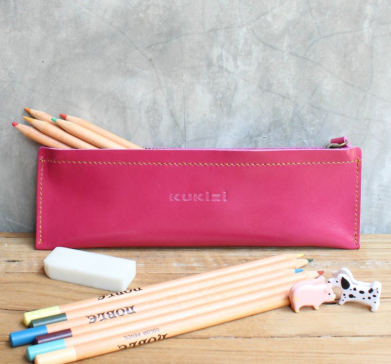 Leather Pencil case - Pie สีชมพูสด / Pen case / Leather case / Accessories case (Genuine Cow Leather) - กล่องดินสอ/ถุงดินสอ - หนังแท้ 