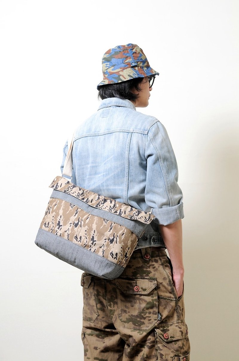 SURVIVOR-hand-made leather camouflage denim flip-back oblique side / laptop bag - Messenger Bags & Sling Bags - Cotton & Hemp Brown
