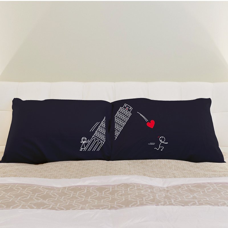''Leaning Tower'' Boy Meets Girl couple pillowcases by Human Touch - Pillows & Cushions - Cotton & Hemp Blue