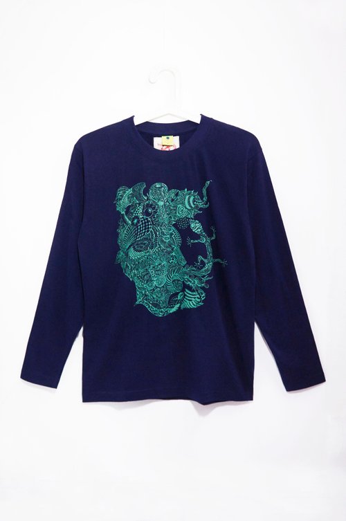 omhandmade 情人節禮物 男版手感長袖上衣 / T-shirt - 心靈之圖系列旅行記憶臉龐 ( 丈青S )