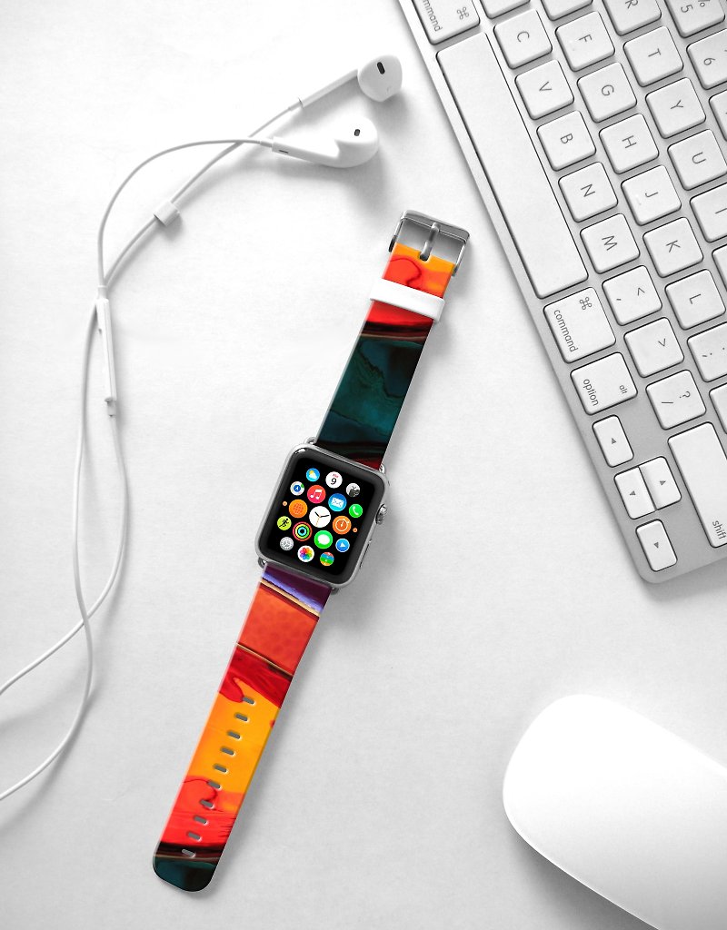 Apple Watch Series 1 , Series 2, Series 3 - Waterpaint abstract color Orange Watch Strap Band for Apple Watch / Apple Watch Sport - 38 mm / 42 mm avilable - สายนาฬิกา - หนังแท้ 