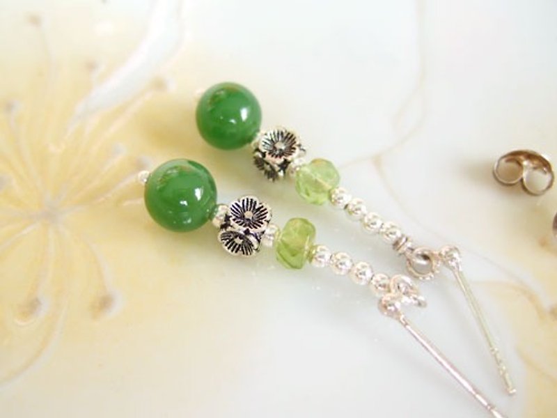 ♦ My.Crystal ♦ ♦ Bixia high quality + olivine jasper silver earrings (clip-on can be changed) - ต่างหู - เครื่องเพชรพลอย สีเขียว