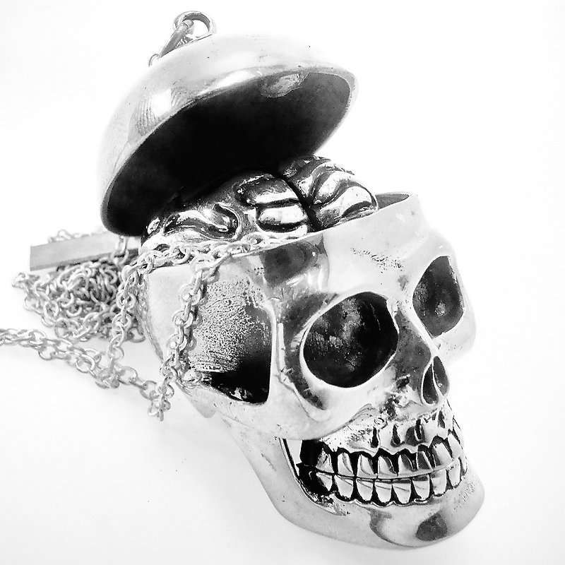 Skull and Brain Necklace in White Bronze - สร้อยคอ - โลหะ 