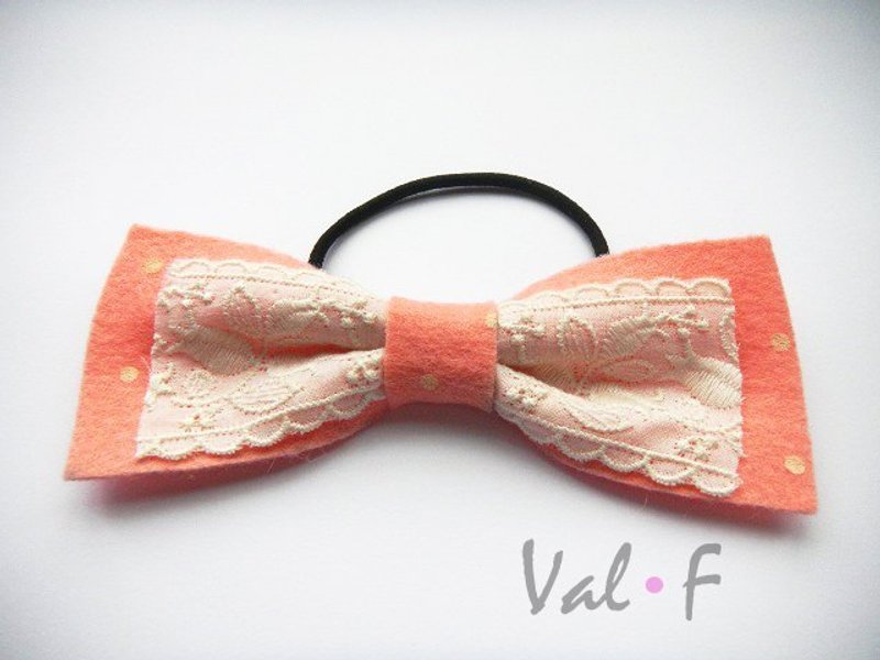 Val‧F  for kids 髮飾 蝴蝶結 粉橘色 布蕾絲 橡皮筋 手創設計 點點水玉 - 髮夾/髮圈 - 羊毛 