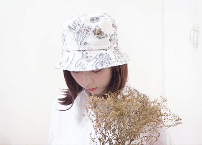 好少女漁夫帽 | 速寫蝴蝶與花葉 / 最後一頂 M - Hats & Caps - Other Materials Gray