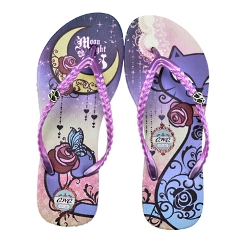 QWQ Swarovski Rhinestone Flip Flops/Moon Night & Cat-Purple - รองเท้ารัดส้น - วัสดุกันนำ้ สีม่วง