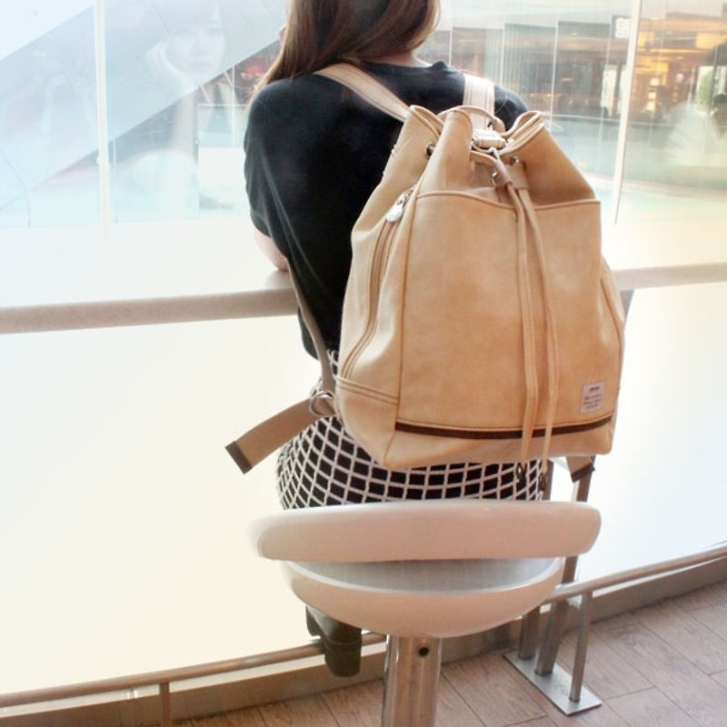 AMINAH-beige white leather back backpack[am-0214] - กระเป๋าเป้สะพายหลัง - หนังเทียม ขาว