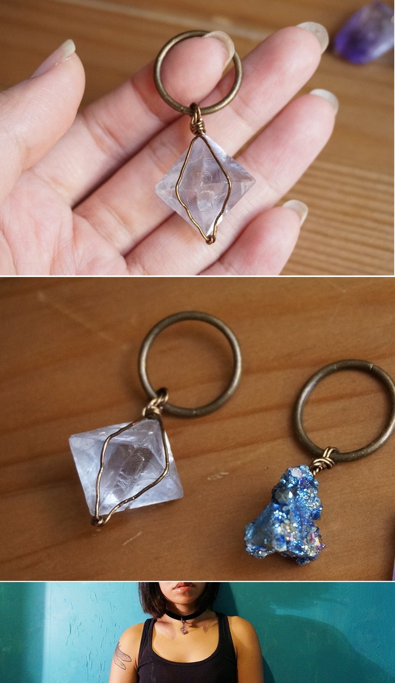 [worldsmellsdifferent handcraft lab] 大螢石單晶原石青銅環長頸鍊/ CHOKER 2-WAY（淺灰）天然石 水晶 手作 - 項鍊 - 寶石 灰色