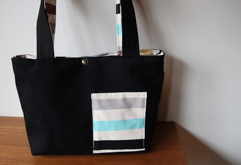 Black canvas walking bag, horizontal stripes - Handbags & Totes - Cotton & Hemp Black