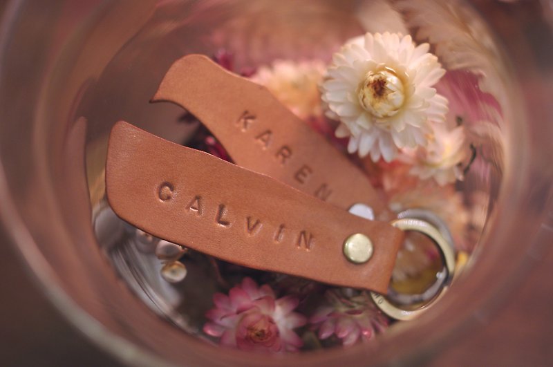 Leather key ring name put you in my heart in the hands of two both groups (Distressed leather color deepened paragraph) - ที่ห้อยกุญแจ - หนังแท้ สีนำ้ตาล