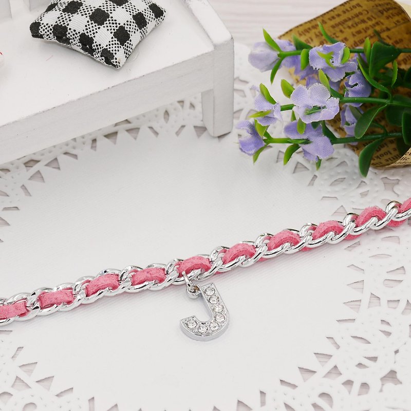 * Poof Princess sugar - Full Diamond Alphabet suede bracelet (pink) optional word - สร้อยข้อมือ - โลหะ 