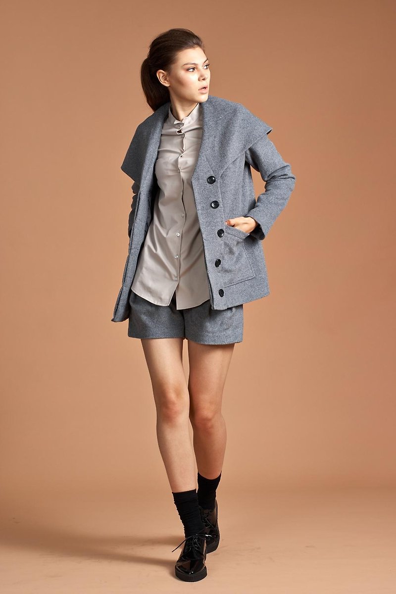 Clearance-Angora wool lapel shawl coat - เสื้อแจ็คเก็ต - วัสดุอื่นๆ สีเทา