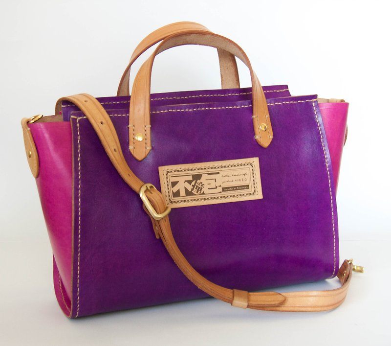 かばんに当たらない 紫ショッキングピンクフルレザー なめし革 手作り トート 付属 付属品 木タッセル - トート・ハンドバッグ - 革 パープル