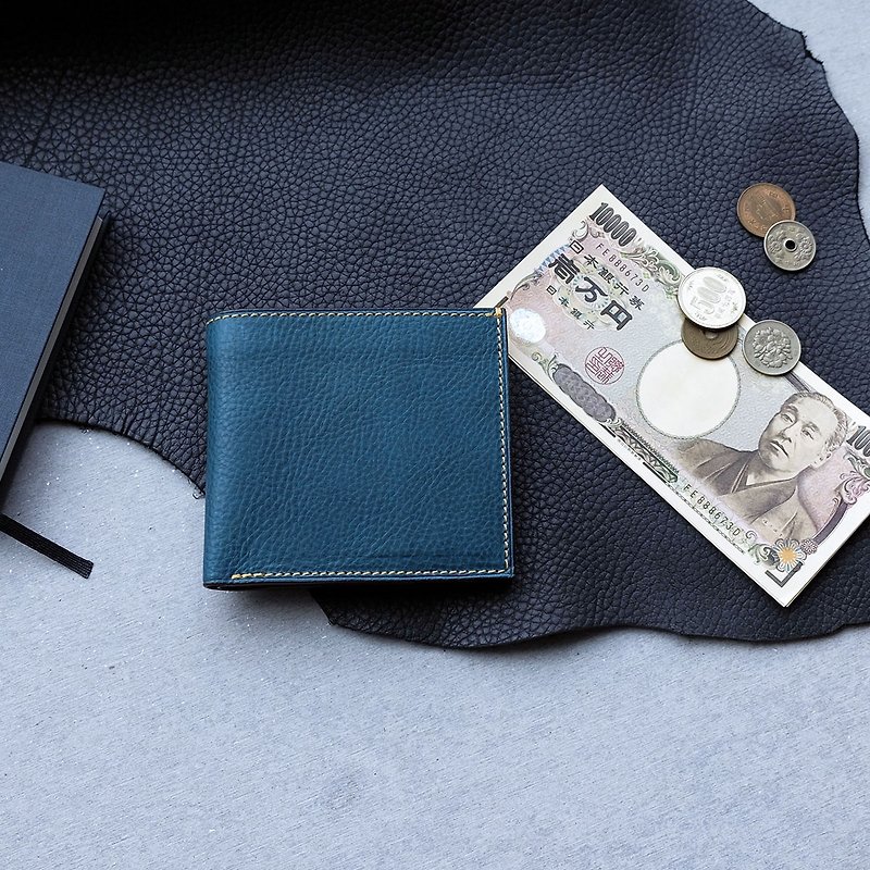isni  cards &coin short wallet   handmade leather - กระเป๋าสตางค์ - หนังแท้ สีน้ำเงิน