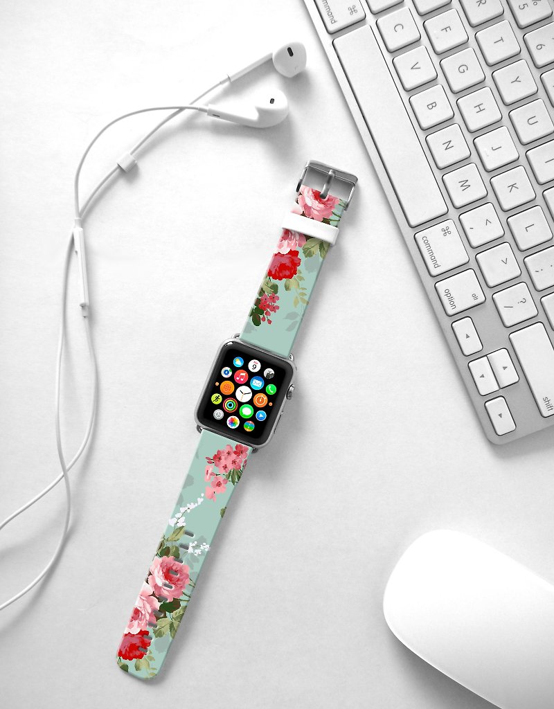 Apple Watch Series 1 , Series 2, Series 3 - Cyan Vintage Rose Flowers Pattern printed on genuine leather Strap band for Apple Watch / Apple Watch Sport - 38 mm / 42 mm avilable - cr8 - สายนาฬิกา - หนังแท้ หลากหลายสี