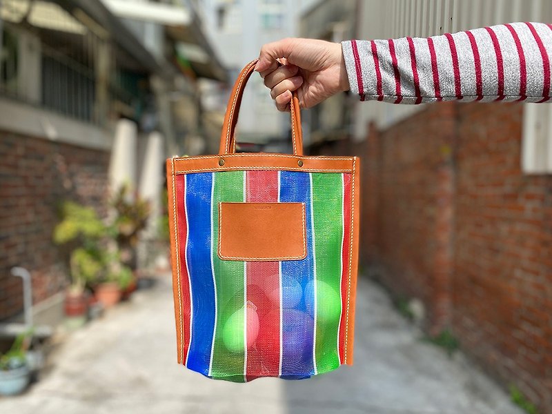 Hand-stitched leather trim vintage grandma style Qizhi bag handbag - กระเป๋าถือ - ไนลอน หลากหลายสี