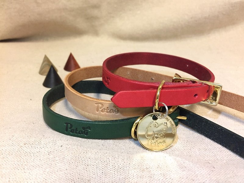 (Set) Leather Collar (S) + Golden Circle (Qrcode Pet Smart Collar) - ปลอกคอ - หนังแท้ สีแดง