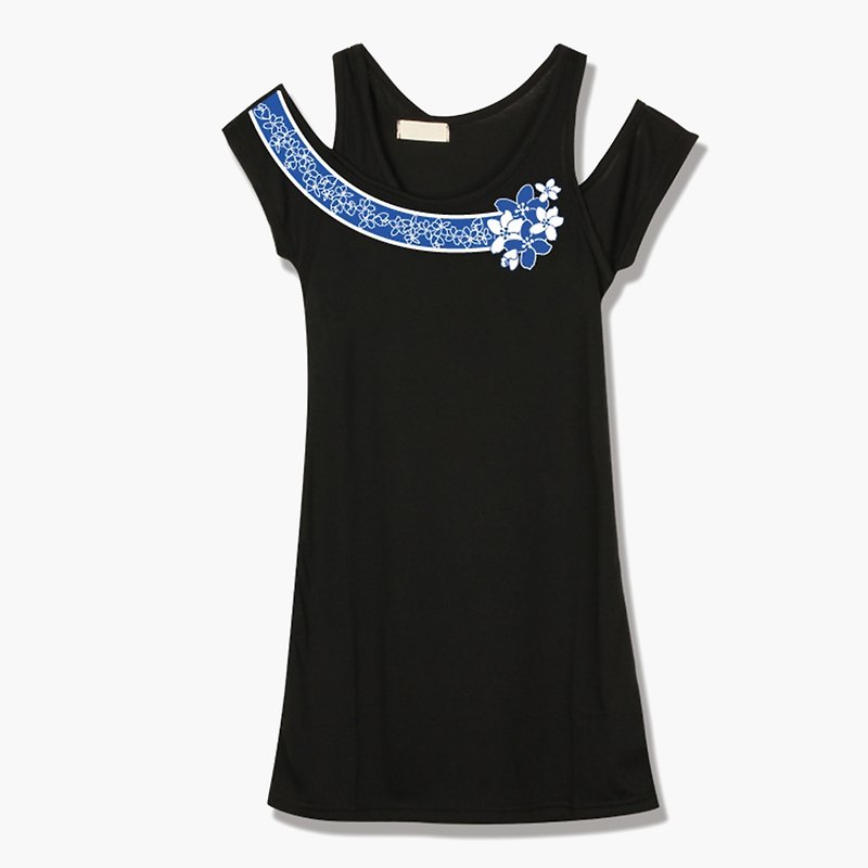 Hakka Vernicia Fordii T-shirt(Layered Look) - Women's Tops - Cotton & Hemp Black