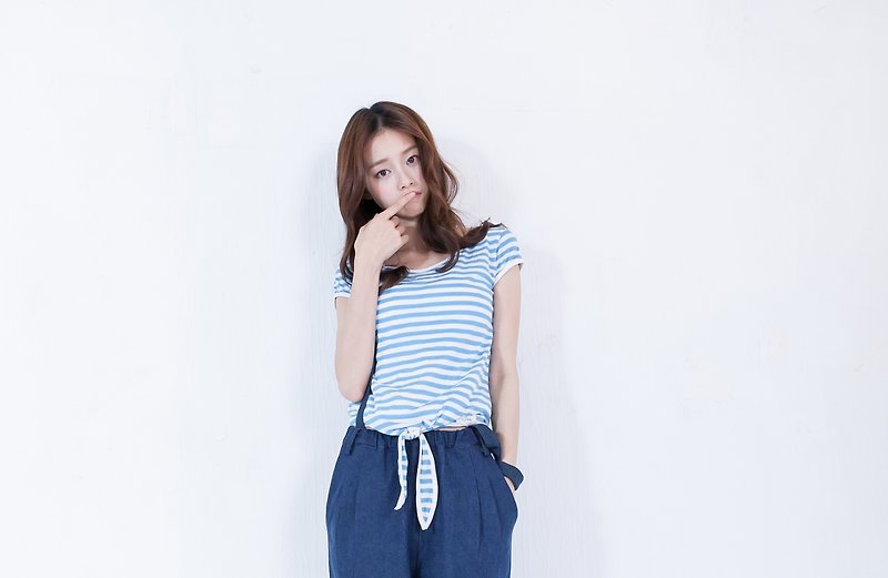 SU: MI said summer beach wind knotted striped coat ◆ 4SF050_ blue and white - เสื้อผู้หญิง - วัสดุอื่นๆ สีน้ำเงิน