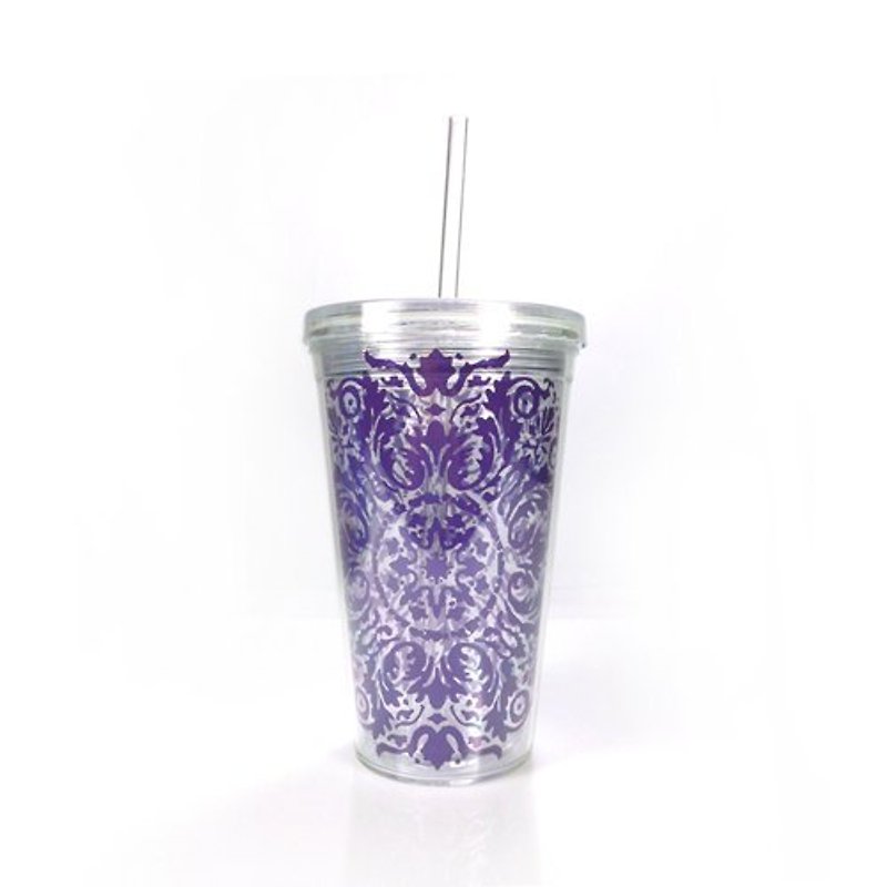 夏戀雙層沁涼環保杯 500ml【紫色花紋】 - 茶具/茶杯 - 塑膠 紫色