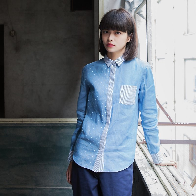 SUMI Mizutama Shuiyu pu ri nn Suites / striped blue stitching fit shirt _4AF302_ - Women's Shirts - Cotton & Hemp Blue