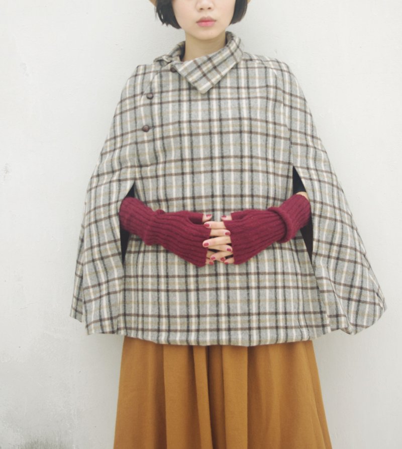 4.5studio- independent hand-made by FU- nostalgic gentleman Holmes coffee Plaid small collar wool cape coat - เสื้อแจ็คเก็ต - วัสดุอื่นๆ สีนำ้ตาล