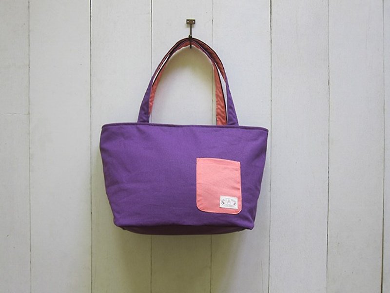 Dachshund Dog Zip Opening Canvas Tote Bag - Medium (Violet + Pink) + Small Pocket - กระเป๋าแมสเซนเจอร์ - วัสดุอื่นๆ หลากหลายสี
