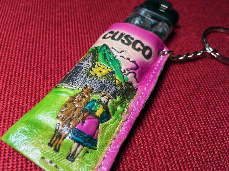 祕魯真皮彩繪打火機套鑰匙圈-粉 - 鑰匙圈/鑰匙包 - 其他材質 粉紅色