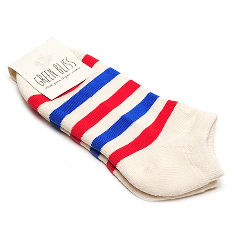 GREEN BLISS Organic Cotton Socks - [Stripe Series] Cypress White Blue Red Striped Ankle Socks / Socks Socks (M / D) - ถุงเท้า - ผ้าฝ้าย/ผ้าลินิน สีแดง