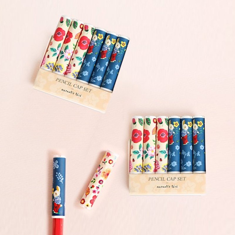7321 Desgin-Nathalie Lete Pencil Extender Pen Cover Set (6 In) - Rabbit & Flower, 7321-02579 - กล่องใส่ปากกา - พลาสติก หลากหลายสี