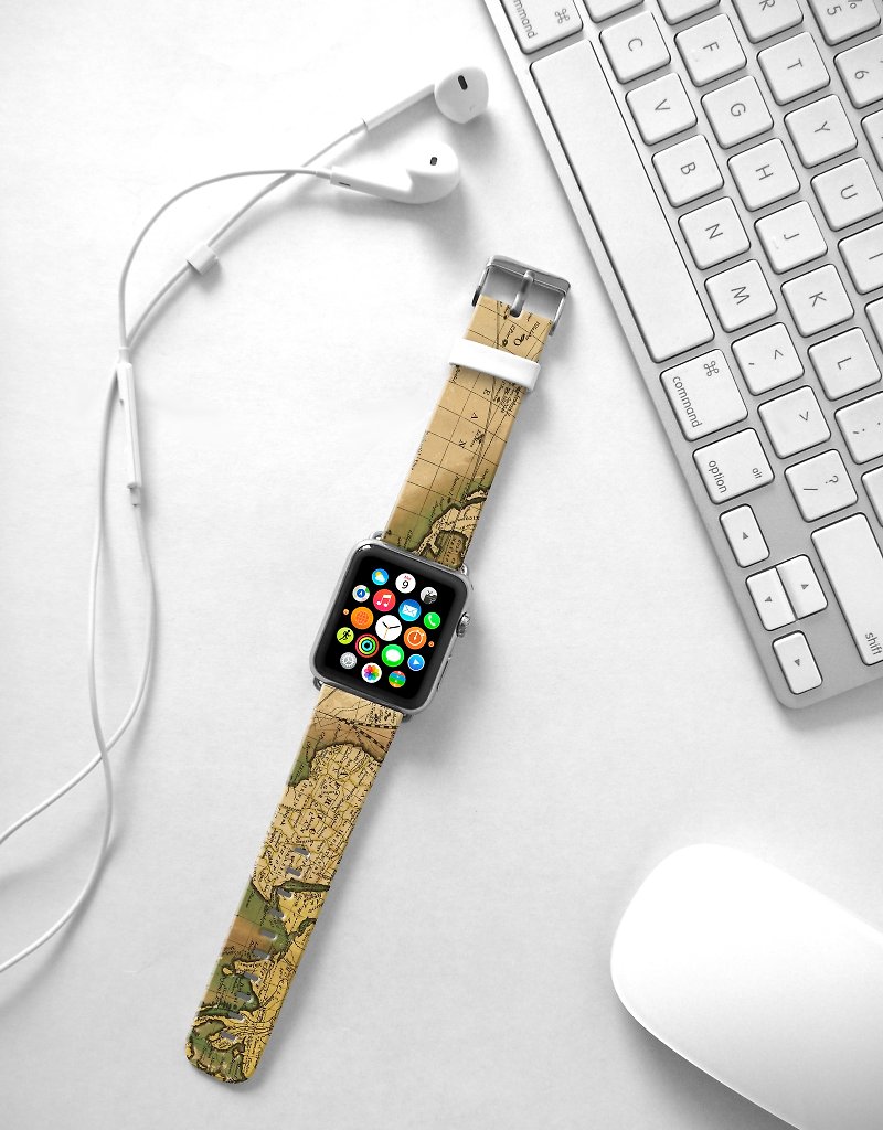 Apple Watch Series 1 , Series 2, Series 3 - Apple Watch 真皮手錶帶，適用於Apple Watch 及 Apple Watch Sport - Freshion 香港原創設計師品牌 - 懷舊地圖圖案 - 錶帶 - 真皮 