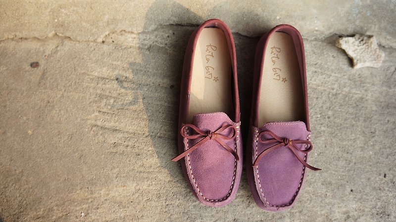 Soft 手縫平底鞋(茄紫色＋蝴蝶結)- 38# - รองเท้าลำลองผู้หญิง - หนังแท้ สีม่วง