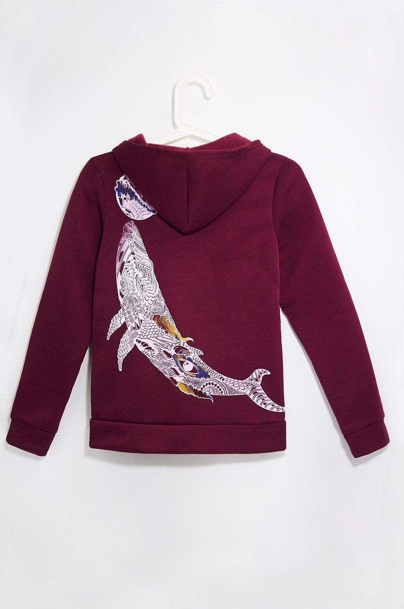 手感連帽內刷毛外套-潛出水面的鯨魚(酒紅) - 外套/大衣 - 棉．麻 紅色
