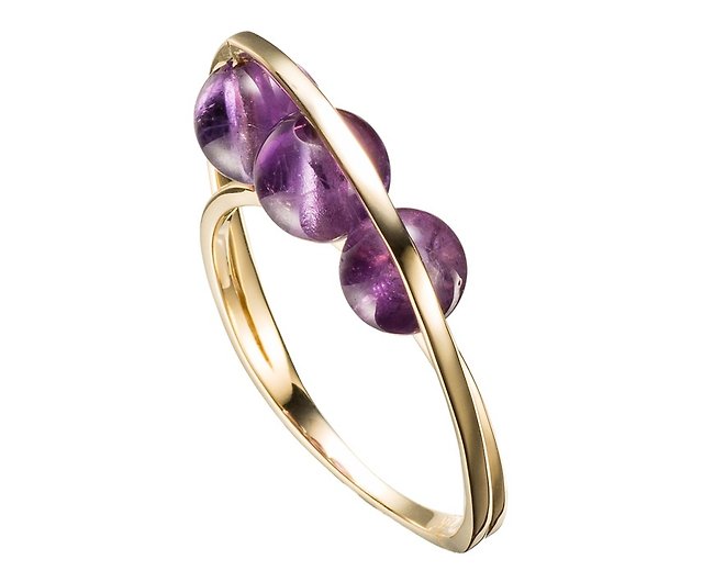 14k アメジストの婚約指輪、2 月の誕生石リング、紫のスリー石リング