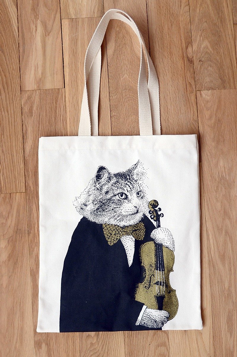 Violin Cat Canvas Tote - กระเป๋าแมสเซนเจอร์ - ผ้าฝ้าย/ผ้าลินิน ขาว