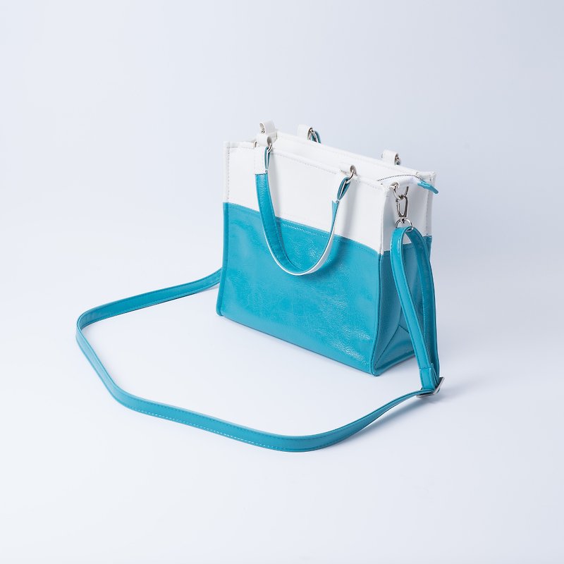 Paper bag shape color matching bag portable shoulder dual-use white X Turkish blue - Messenger Bags & Sling Bags - Faux Leather Blue