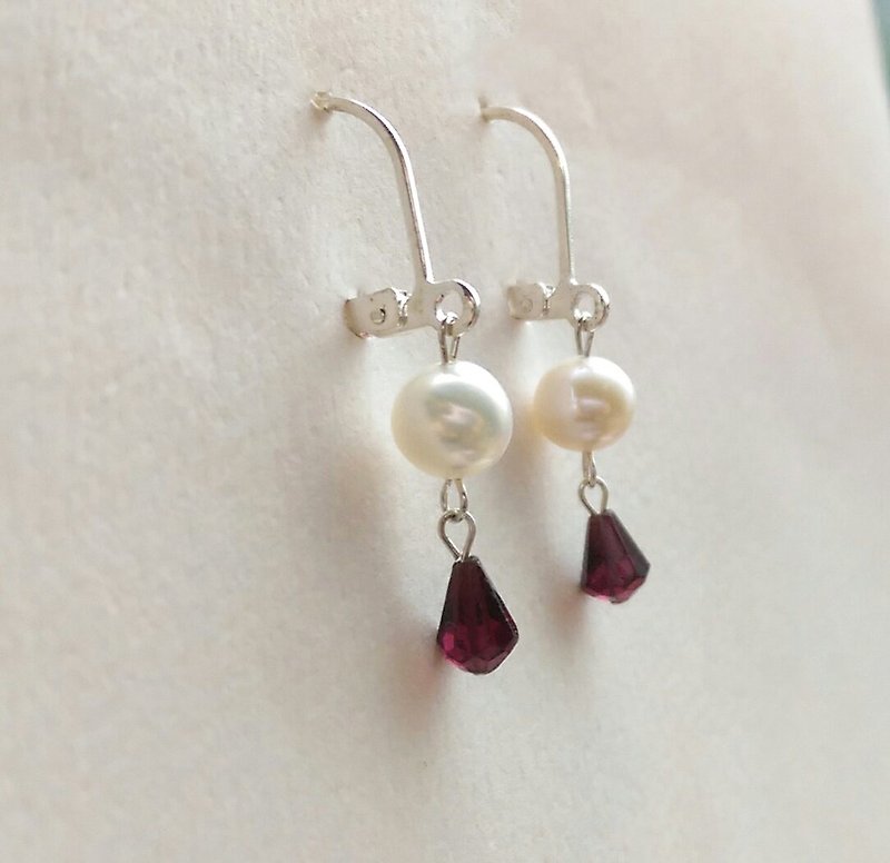 Freshwater Pearl Red Garnet Silver Earrings - Earrings & Clip-ons - Gemstone 