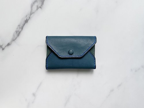 makotohon 手工縫製復古藍雙拼色皮革卡片零錢包