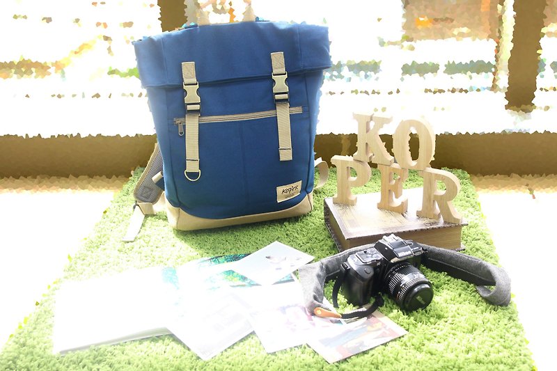 [Unflat Sail] Retro Double Buckle Backpack/Canvas - Deep Sea Blue (Made in Taiwan) - Backpacks - Other Materials Blue