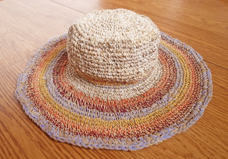 綿のリネン帽子手作り麦わら帽子大きなつばの太陽の帽子カラフルなライン - 帽子 - コットン・麻 多色